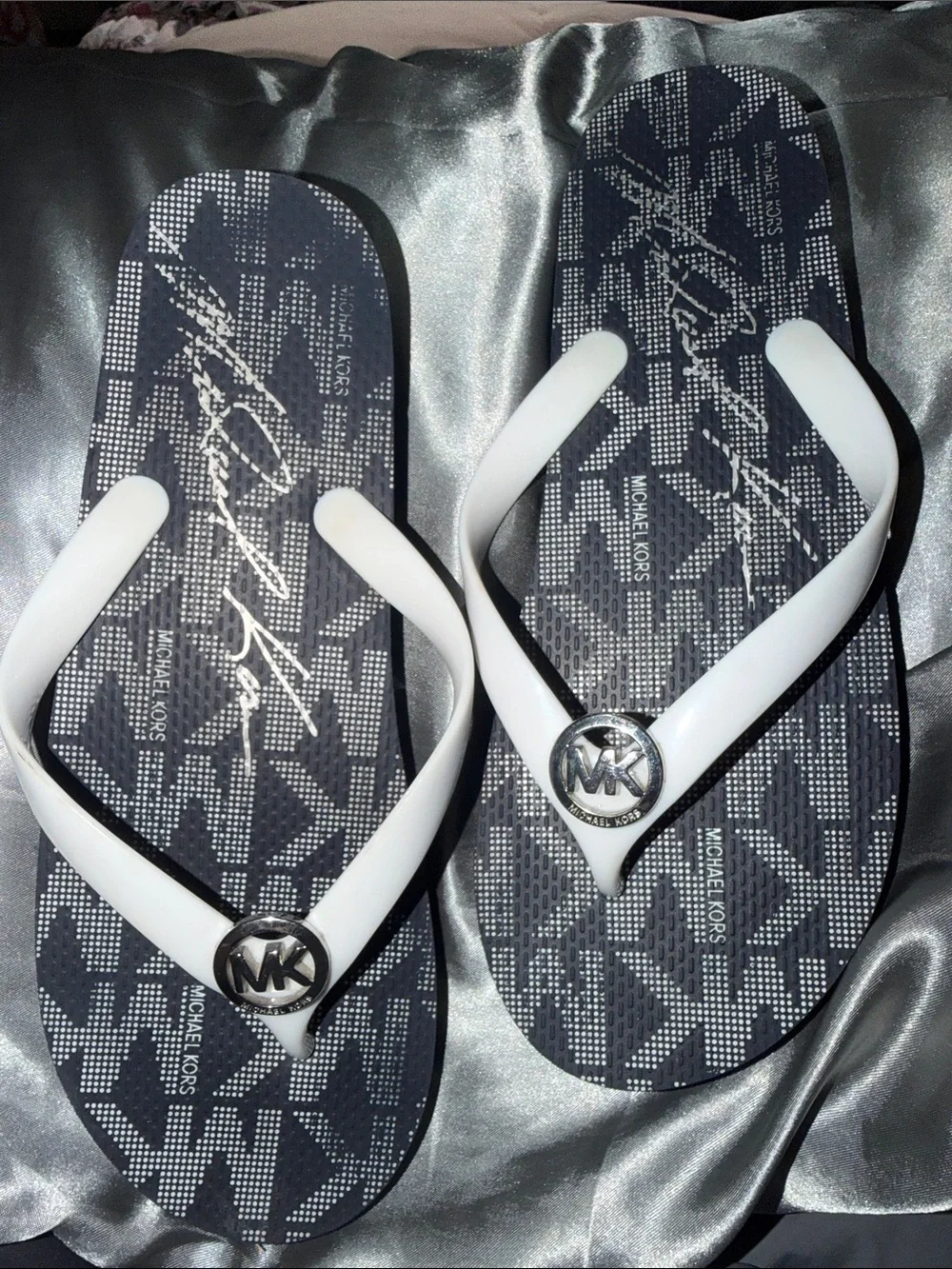 Michael Kors Navy Logo Kids Flip Flops with White Straps